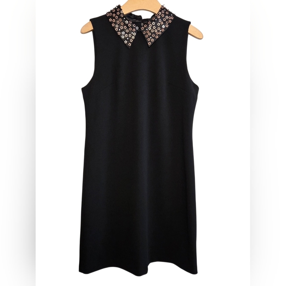 Betsey Johnson Sleeveless Black Crepe Dress Embellished Peter Pan Collar Sz 10